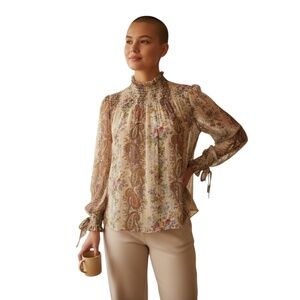 INTERMIX Beige Silk Mock Neck Long Sleeve Floral Striped Cuff Women's Blouse‎